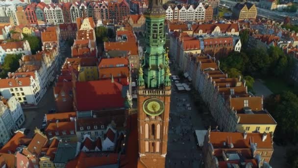 Ratusz Downtown Gdansk Dlugi Targ Srodmiescie Aerial View Lengyelország Kiváló — Stock videók