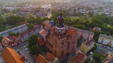 Eski Şehir Pazarı Kilisesi Stargard Stary Rynek Kosciol Hava Manzarası Polonya. Yüksek kalite 4k görüntü