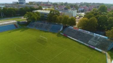Stadyum Futbol Kulübü Blekitni Stargard Stadyumu Klub Hava Manzaralı Polonya. Yüksek kalite 4k görüntü