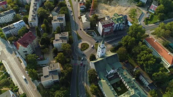 Rondo Fehér Templom Gorzow Wielkopolski Bialy Kosciolek Aerial View Lengyelország — Stock videók