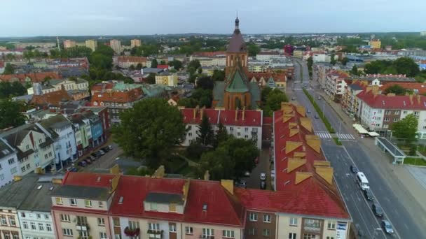 Katedralen Gamla Stan Koszalin Katedra Nmp Stary Rynek Flygfoto Polen — Stockvideo