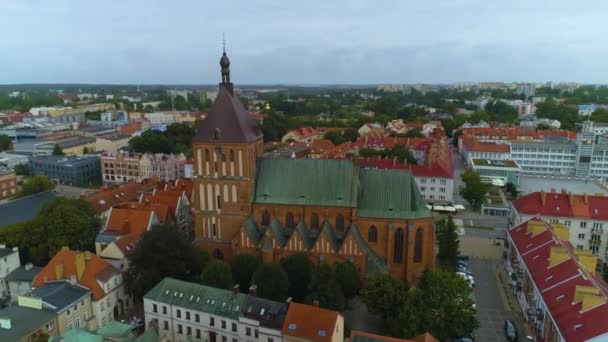 Katedralen Gamla Stan Koszalin Katedra Nmp Stary Rynek Flygfoto Polen — Stockvideo