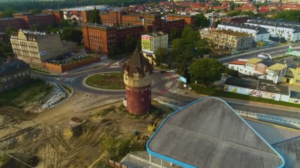 Historische Watertoren Stargard Zabytkowa Wieza Cisnien Rondo Luchtfoto Zicht Polen — Stockvideo