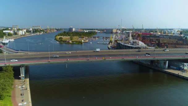 Beautiful Castle Route Bridge Szczecin Most Odra Zachodnia Aerial View — стокове відео