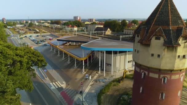 Tower Bus Station Stargard Wieza Dworzec Autobusowy Luchtfoto Polen Hoge — Stockvideo