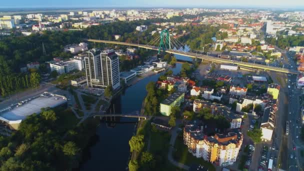 Мост Через Башню Реки Наиболее Uniwersytecki Brda Bydgoszcz Вид Воздуха — стоковое видео
