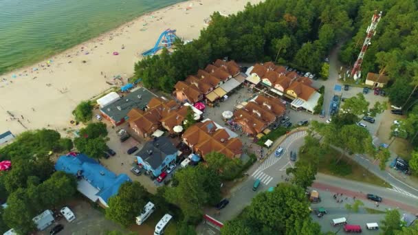 Restaurants Beach Stegna Restauracje Plaza Aerial View Poland High Quality — Stock Video