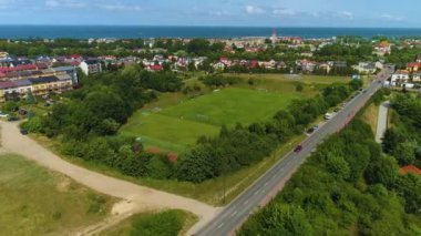 Wladyslawowo Stadyumu 'ndaki stadyum Polonya Hava Görüntüsü. Yüksek kalite 4k görüntü