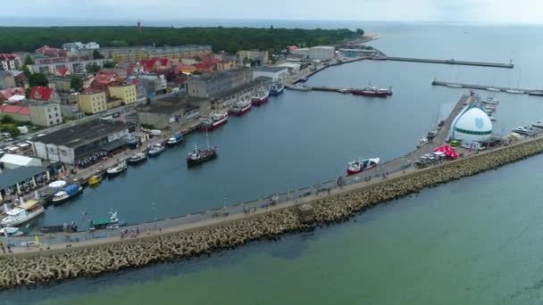 Båtar Harbor Hel Port Statki Flygfoto Polen Högkvalitativ Film — Stockvideo