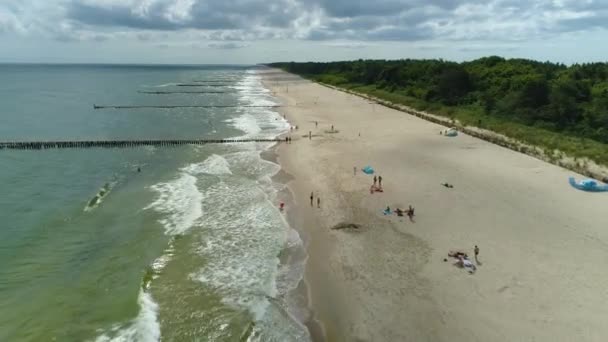 Strand Baltische Zee Chalupy Plaza Morze Luchtfoto View Polen Hoge — Stockvideo