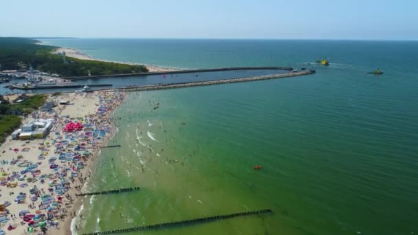 Port Beach Baltic Sea Ustka Plaza Morze Baltyckie Aerial View — Stock Video
