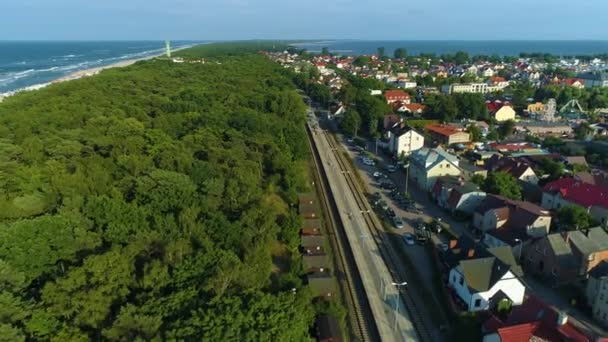 Trein Stop Jastarnia Przystanek Kolejowy Luchtfoto View Polen Hoge Kwaliteit — Stockvideo
