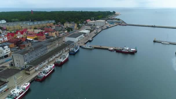 Båtar Harbor Hel Port Statki Flygfoto Polen Högkvalitativ Film — Stockvideo