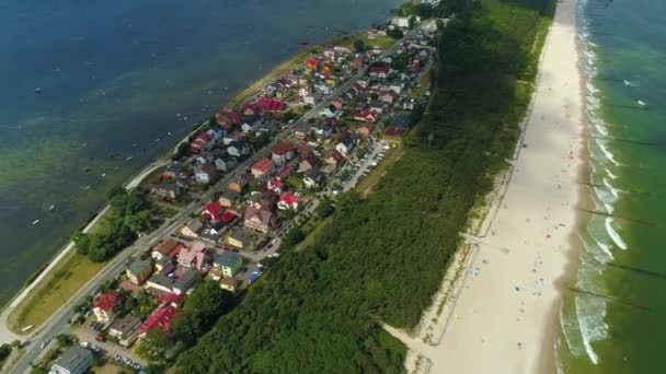 Top Landscape Chalupy Plaza Morze Aerial View Polen Engelsk Opptak – stockvideo
