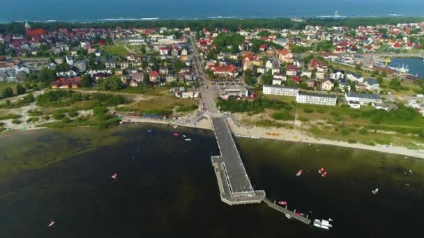 Panorama Der Seebrücke Jastarnia Molo Luftaufnahme Polen Hochwertiges Filmmaterial — Stockvideo