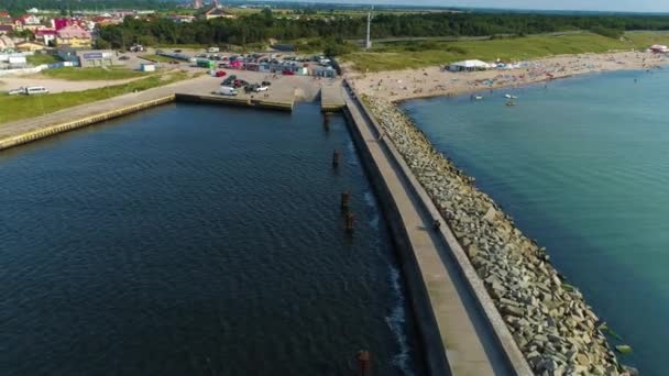 Boat Breakwater Port Darlowo Falochron Port Flygfoto Polen Högkvalitativ Film — Stockvideo