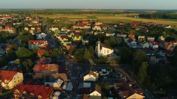 Panorama Kirche Rewal Kosciol Luftaufnahme Polen Hochwertiges Filmmaterial — Stockvideo