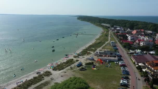 Panorama Boten Strand Kuznica Lodzie Plaza Aerial View Polen Hoge — Stockvideo