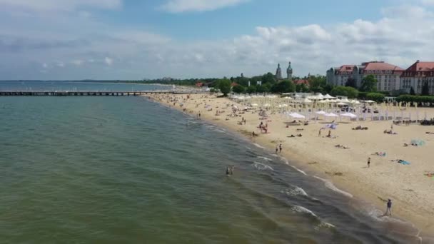 Beautiful Beach Baltic Sea Sopot Plaza Morze Aerial View Poland — Stock Video