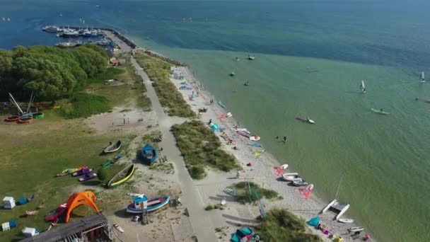 Panorama Boote Strand Kuznica Lodzie Plaza Luftaufnahme Polen Hochwertiges Filmmaterial — Stockvideo