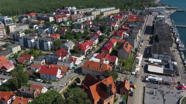 Beautiful Downtown Hel Centrum Ulica Wiejska Aerial View Poland High — Stock Video