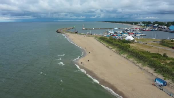 Strand Baltische Zee Haven Wladyslawowo Plaza Morze Baltyckie Luchtfoto View — Stockvideo