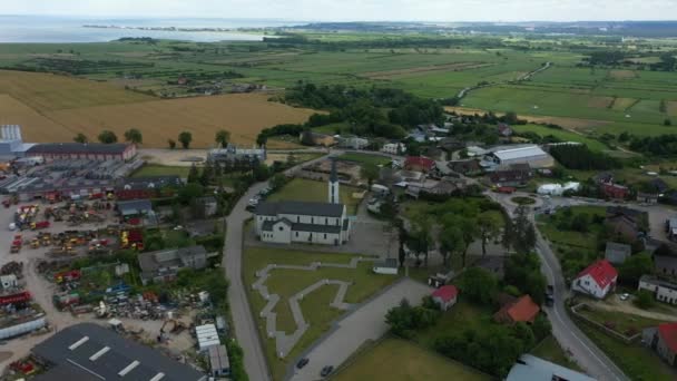 Panorama Kilisesi Mrzezino Kosciol Havacılık Görünümü Polonya Yüksek Kalite Görüntü — Stok video