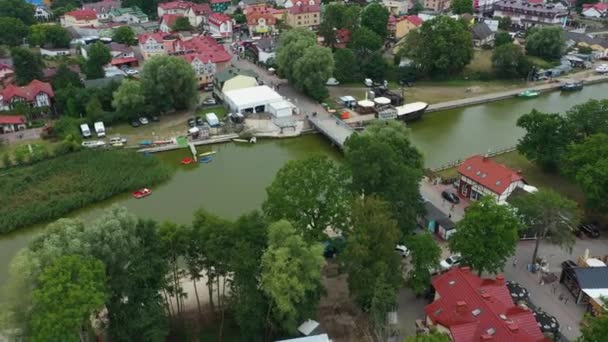 Bridge Port Rowy Meeste Rzeka Lupawa Luchtfoto Bekijken Polen Hoge — Stockvideo