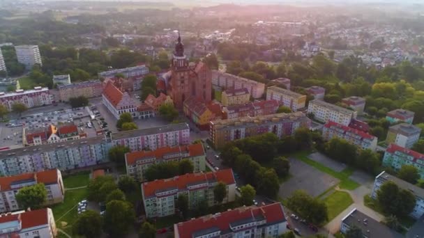 Old Town Market Church Stargard Stary Rynek Kosciol Aerial View — Stock Video