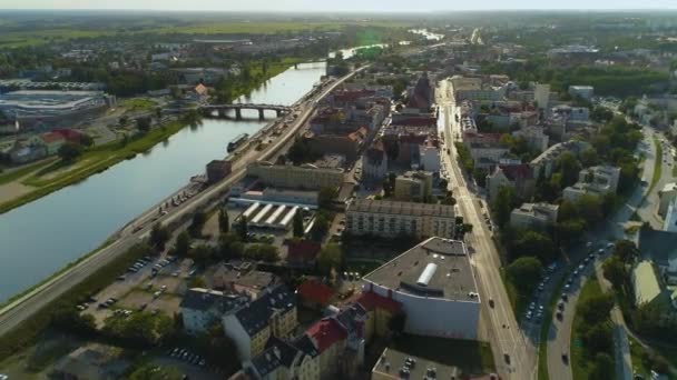 Belo Panorama Downtown Warta River Gorzow Centrum Vista Aérea Polônia — Vídeo de Stock