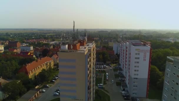 Skyscrapers Street Szewska Basztowa Stargard Wiezowce Aerial View Polen Hoge — Stockvideo