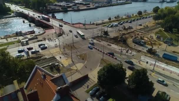 Long Bridge Waterfront Szczecin Most Dlugi Nabrzeze Wieleckie Aerial View – stockvideo