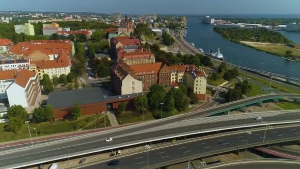 Puente Largo Frente Mar Szczecin Most Dlugi Nabrzeze Wieleckie Vista — Vídeo de stock