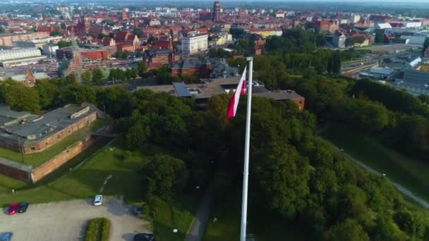 Flaga Chwała Górze Gdańskiej Góra Gradowa Widok Lotu Ptaka Polska — Wideo stockowe