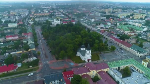Park Konstytucji Church Suwalki Kosciol Downtown Centrum Aerial View Polen — Stockvideo
