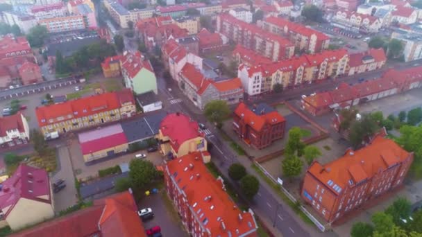 Fog Centrum Old Town Elk Stare Miasto Kamienice Aerial View — Stock videók