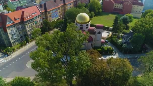 Ορθόδοξη Εκκλησία Στο Szczecin Cerkiew Mikolaja Aerial View Πολωνία Υψηλής — Αρχείο Βίντεο