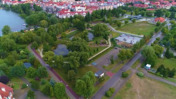 Park Vijvers Skatepark Elk Stawy Plac Zabaw Aerial View Polen — Stockvideo
