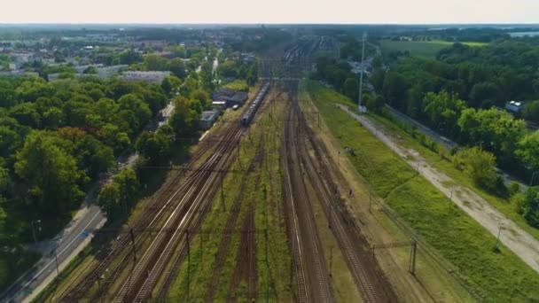 Trains Railway Station Torun Glowny Dworzec Kolejowy Aerial View Poland — Stock Video