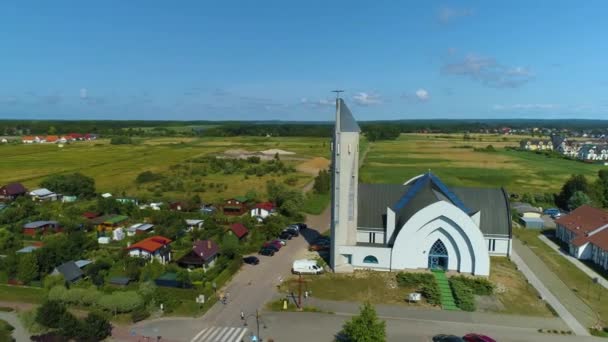 Church Leba Kosciol Jakuba Apostola Aerial View Poland High Quality — Stock Video