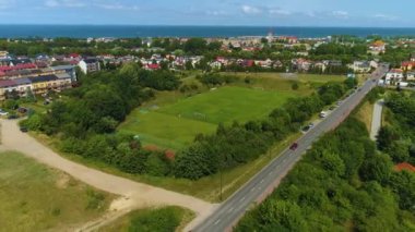 Wladyslawowo Stadyumu 'ndaki stadyum Polonya Hava Görüntüsü. Yüksek kalite 4k görüntü