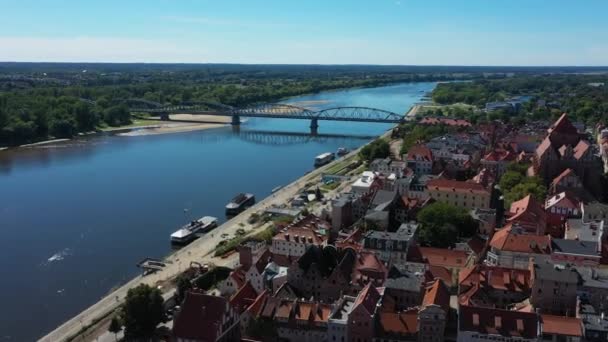 Vistula Köprüsü Torun Wisla Pilsudskego Hava Görüntüsü Polonya Yüksek Kalite — Stok video