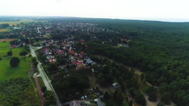 Güzel Peyzaj Kulübeleri Stegna Domki Las Aerial View Polonya Yüksek — Stok video