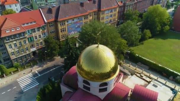 Igreja Ortodoxa Szczecin Cerkiew Mikolaja Aerial View Poland Imagens Alta — Vídeo de Stock