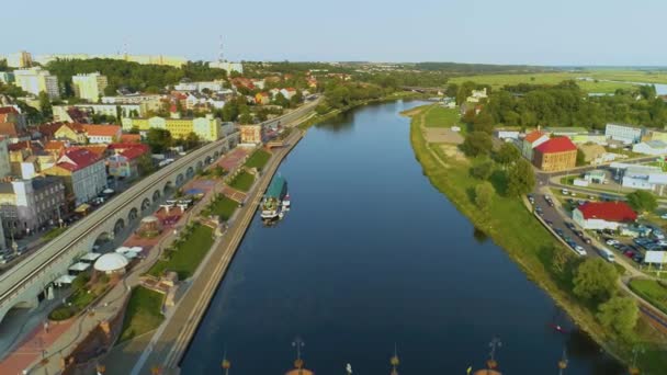 Γέφυρα Της Παλιάς Πόλης Gorzow Wielkopolski Περισσότεροι Staromiejski Warta Aerial — Αρχείο Βίντεο