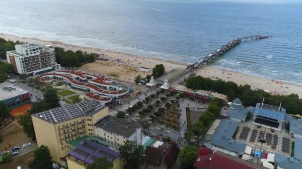 Panorama Pier Beach Baltic Sea Miedzyzdroje Molo Plaza Aerial View — Αρχείο Βίντεο