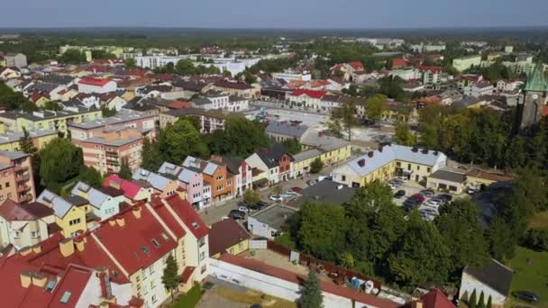 Square Downtown Konskie Centrum Plac Kosciuszki Kosciol Aerial View Poland — Stock Video