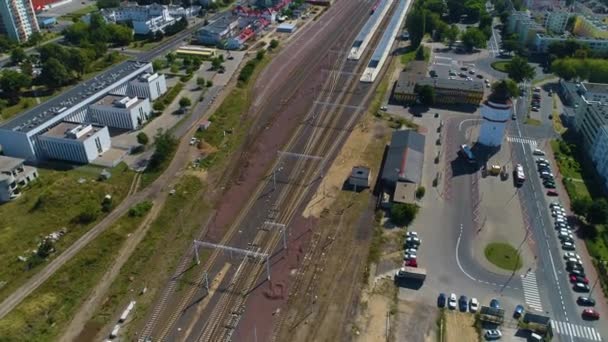 Train Station Tracks Konin Dworzec Kolejowy Aerial View Poland High — Stock Video