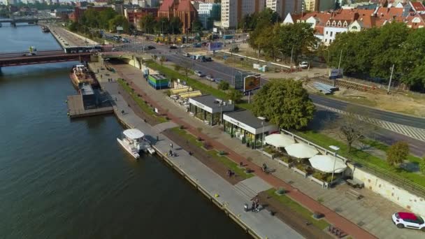 Bulwar Piastowski Szczecin Odra Zachodnia Nabrzeze Wieleckie Hava Görüntüsü Polonya — Stok video
