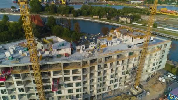 Building Construction River Motlawa Gdaňsk Budowa Aerial View Polsko Vysoce — Stock video